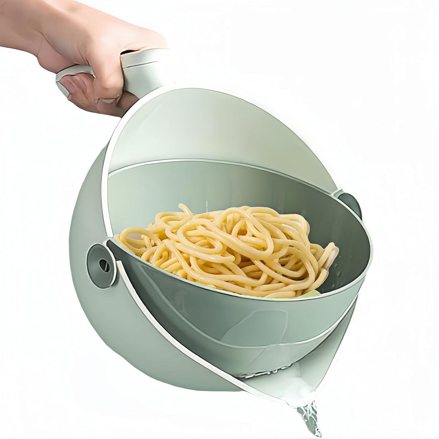 2-1 Kitchen Colander Rotating Washing Basket with Handle - Pasta Strainer - Fruit Washing Bowl with Strainer - Fruit Rinser Container (Avocado Green)