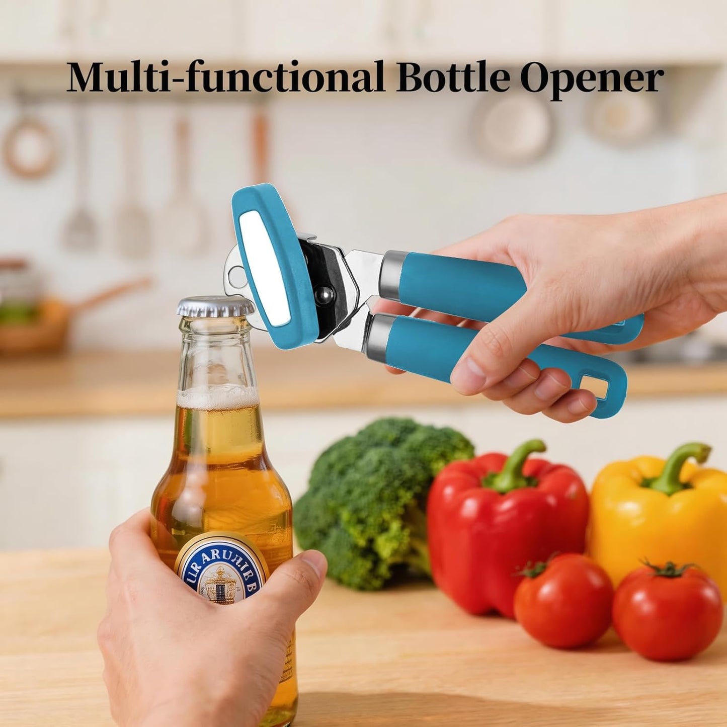 Can Opener Manual, Hand Heavy Duty Stainless Steel Bottle Opener Comfortable Handle, Sharp Blade Smooth Edge, Multifunctional Kitchen Tool, Black