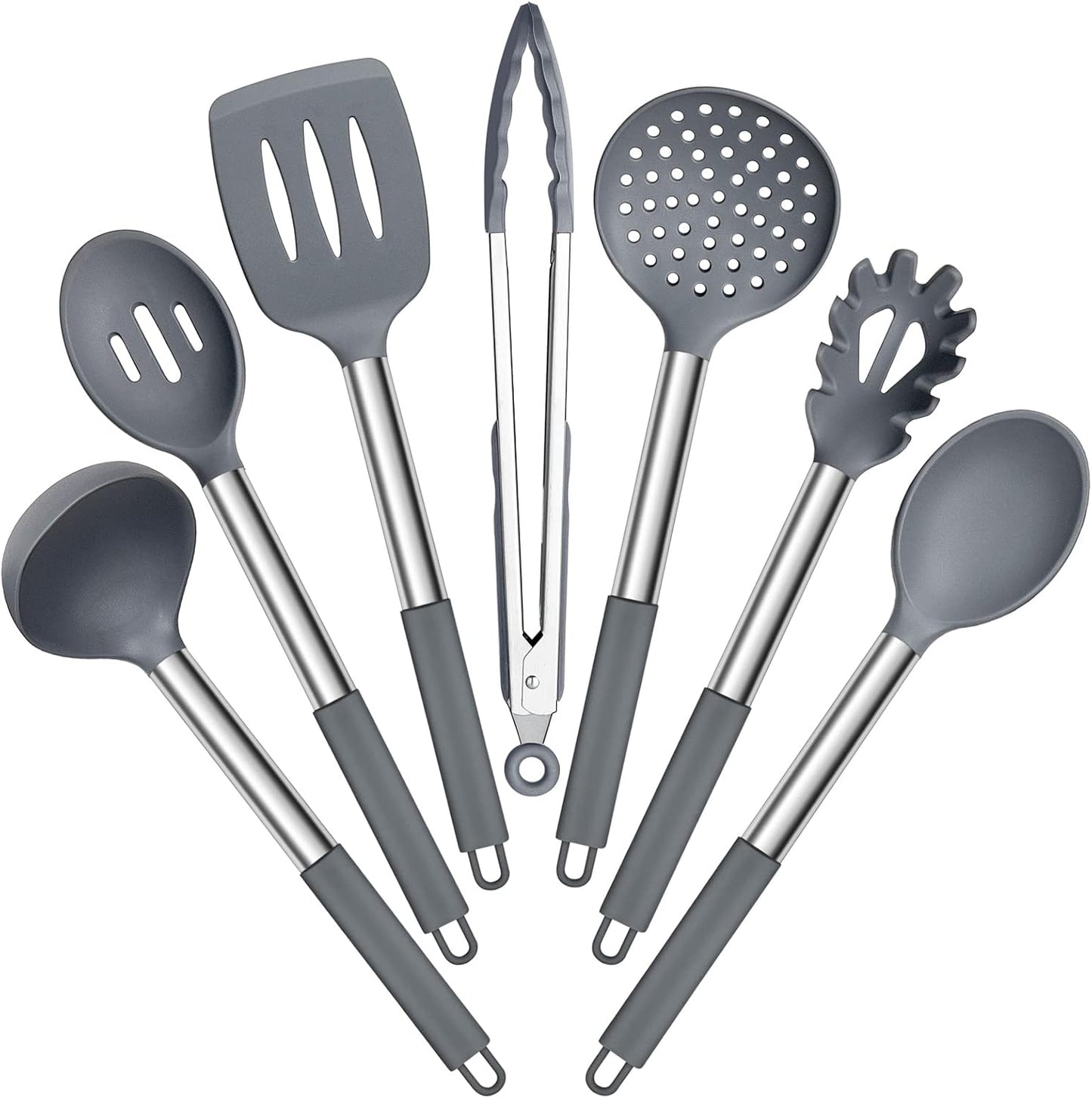 E-far Silicone Cooking Utensils Set, 7 Pcs Heat Resistant Kitchen Utensils with Stainless Steel Handle, Slotted Turner, Spoon, Soup Ladle, Pasta Server, Skimmer, Tongs for Nonstick Cookware, Black