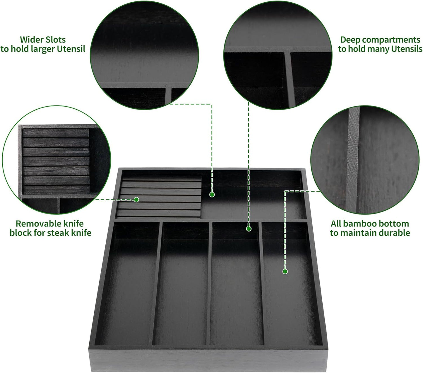 VaeFae Bamboo Silverware Drawer Organizer Kitchen, Expandable Utensil Organizer with Knife Block, Cutlery Tray with Divider, Multifunctional Drawer Organizer (Black)