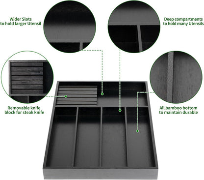 VaeFae Bamboo Silverware Drawer Organizer Kitchen, Expandable Utensil Organizer with Knife Block, Cutlery Tray with Divider, Multifunctional Drawer Organizer (Black)