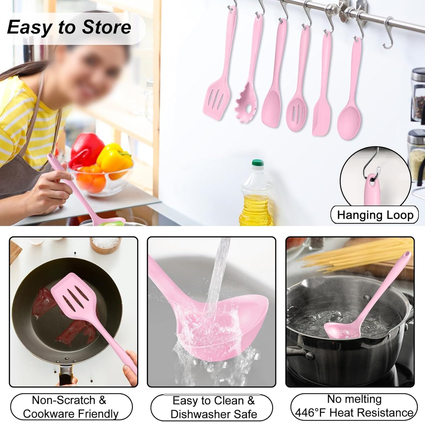 TeamFar Silicone Cooking Utensil Set of 7, Black Kitchen Nonstick Tools Turner Spoon Spatula Ladle Pasta Server for Nonstick Cookware, Healthy & One-Piece, Anti-Heat & Dishwasher Safe