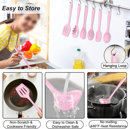 TeamFar Silicone Cooking Utensil Set of 7, Black Kitchen Nonstick Tools Turner Spoon Spatula Ladle Pasta Server for Nonstick Cookware, Healthy & One-Piece, Anti-Heat & Dishwasher Safe
