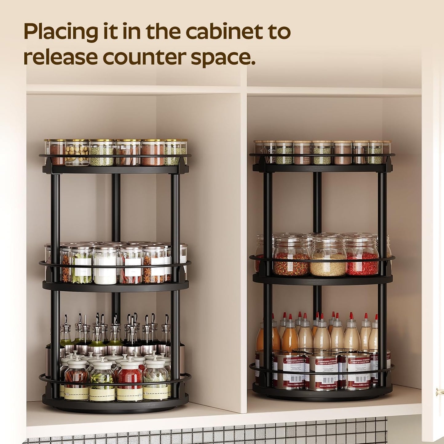 YATINEY Lazy Susan Organizer, Rotating Spice Rack, 2 Tier Spice Turntable Organizer, Industrial Turntable Spice Holder, for Kitchen Countertop and Cabinet, Compact and Versatile, Rustic Brown SR22BR