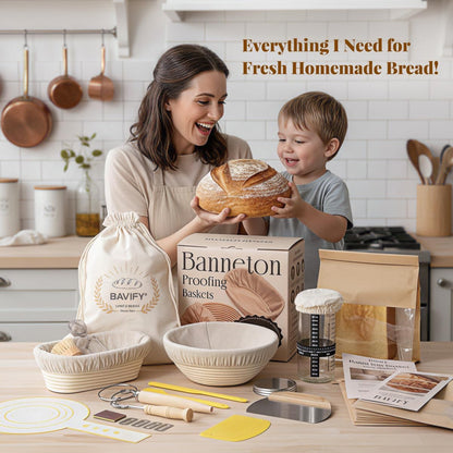 Sourdough Starter Kit, Banneton Bread Proofing Baskets Set, Sourdough Bread Baking Supplies Making Tools with Dough Scraper, Whisk, Bread Lame, Recipe