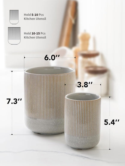 LE TAUCI Utensil Holder for Kitchen Counter, 7.3"+5.4" Fluted Ceramic Utensil Crock Organizer for Countertop, Heavy Large Holder for Spatulas, Spoons, Set of 2, White, Kitchen Counter Decor