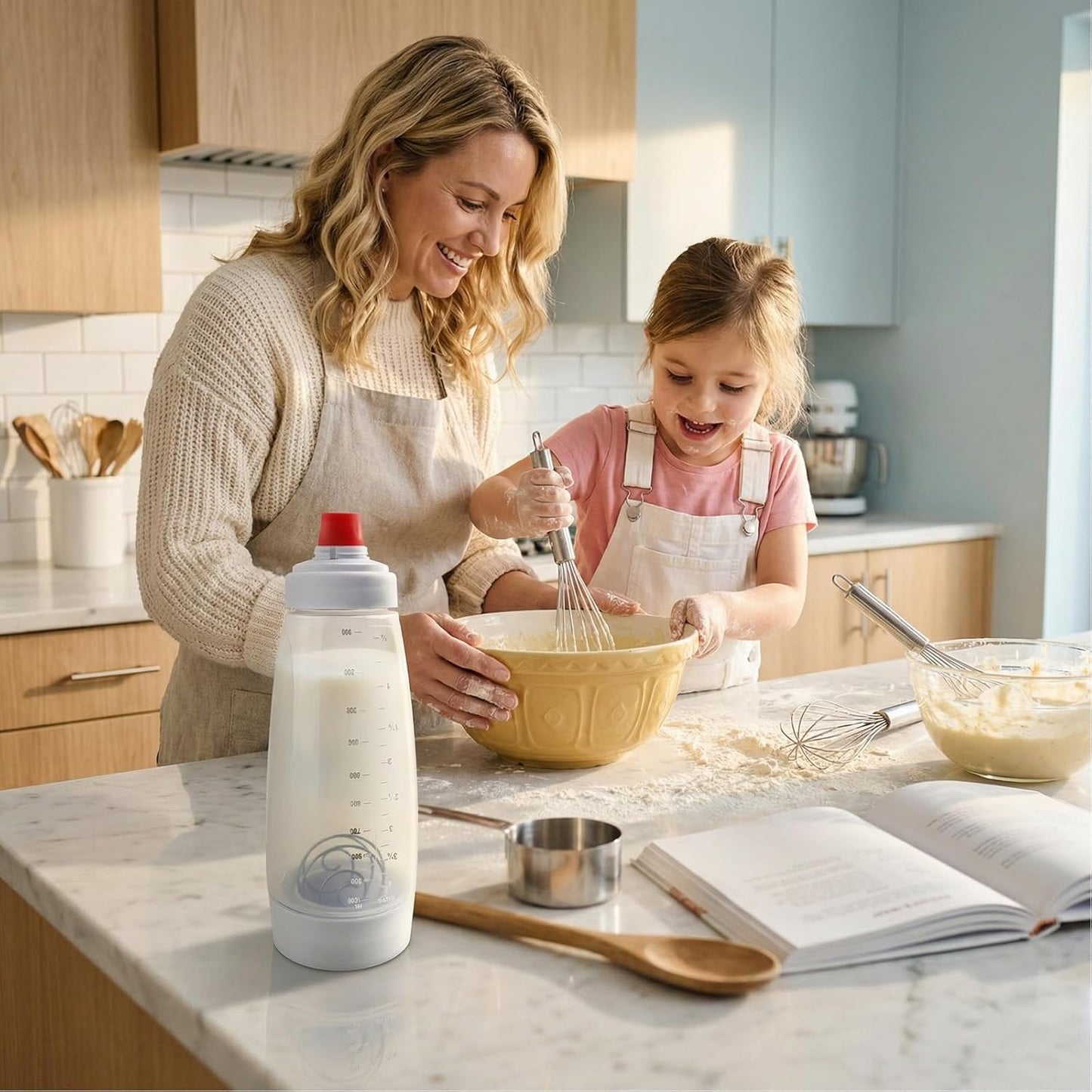 2 Pack Pancake Batter Dispenser & Mixer Bottle with Wire Whisk Ball - Squeeze Dispenser for Batter, Waffles, Cupcakes, Crepes - Heat Resistant Silicone Tip, BPA Free Baking Tool for Blackstone Griddle
