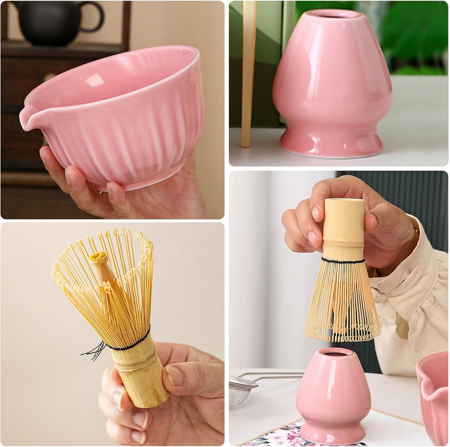 Matcha Whisk Set, 8 Pcs Matcha Kit Set With Pink Cherry Blossom Embossed Pattern Includes 18 OZ Bowl, Bamboo Whisk, Ceramic Holder, Bamboo Scoop x2, Scoop Rest, Stainless Sifter and Tea Towel