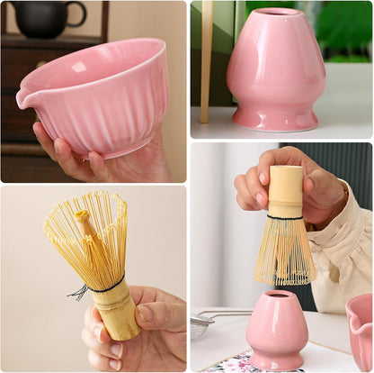 Matcha Whisk Set, 8 Pcs Matcha Kit Set With Pink Cherry Blossom Embossed Pattern Includes 18 OZ Bowl, Bamboo Whisk, Ceramic Holder, Bamboo Scoop x2, Scoop Rest, Stainless Sifter and Tea Towel