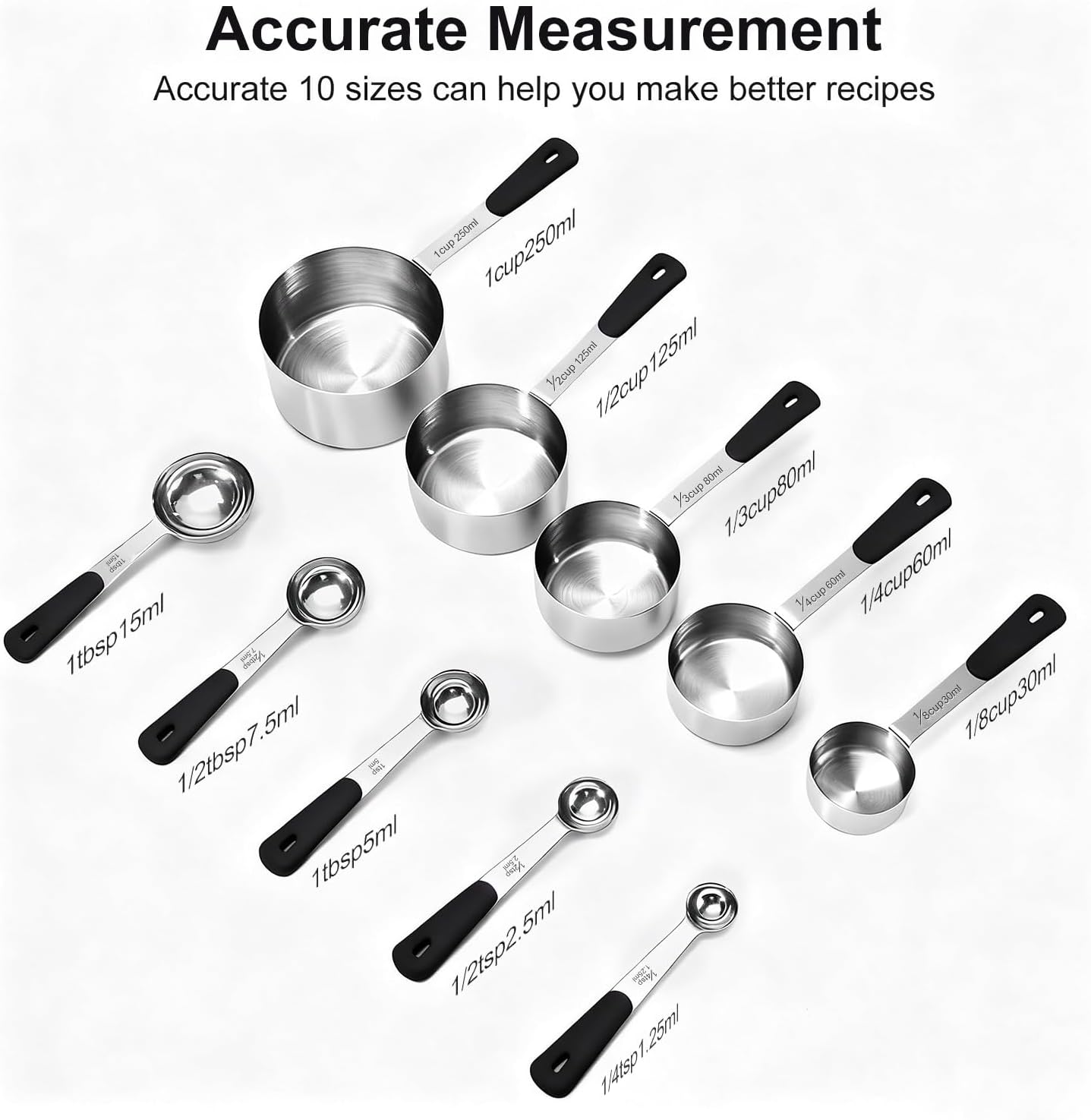 Bopei Measuring Cups and Spoons Set Stainless Steel 10 Piece for Cooking and Baking (5 Cups + 5 Spoons, Colorful Handles)