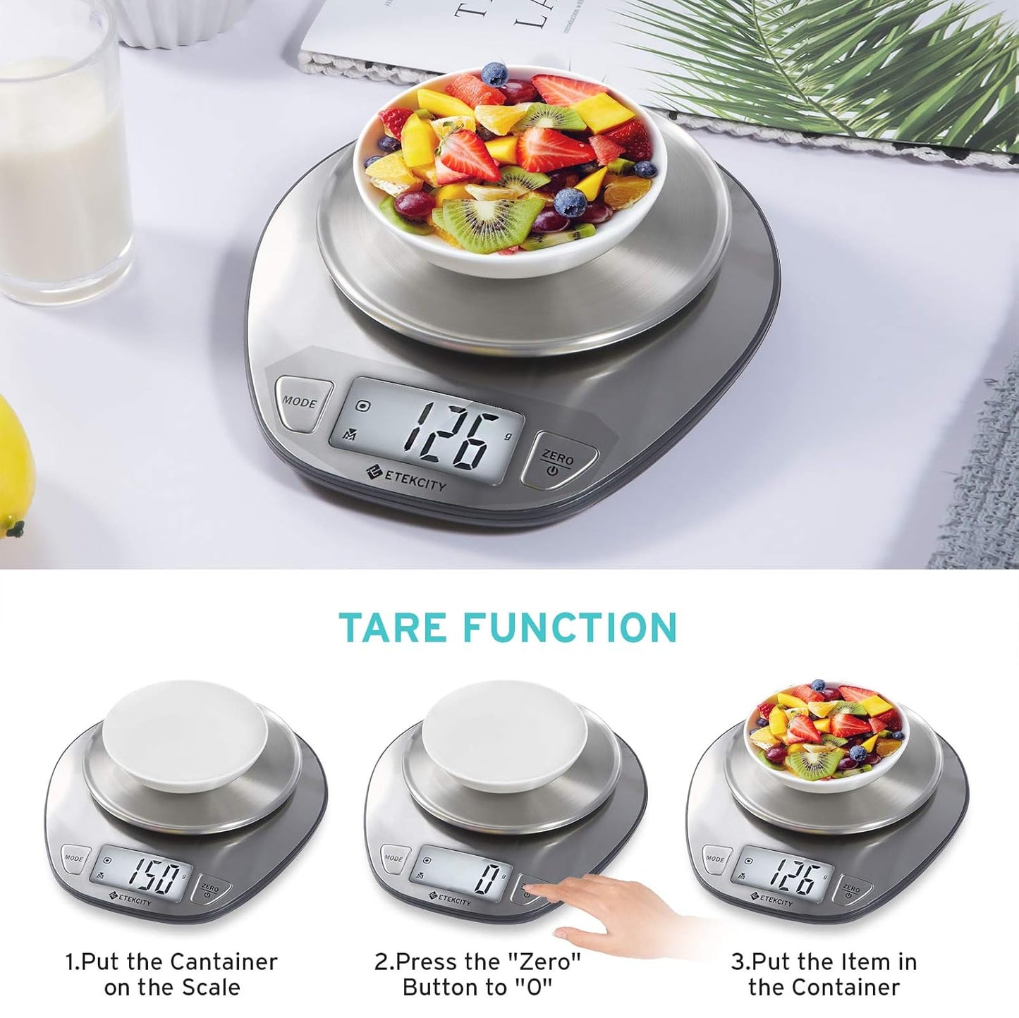 Etekcity 11lb/5kg Stainless Steel Digital Kitchen Food Scales, with Liquid Volume Measurement Function, Auto Zero/Tare and Large Backlight LCD Display, Silver