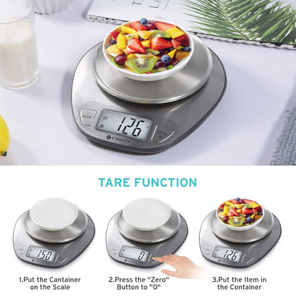 Etekcity 11lb/5kg Stainless Steel Digital Kitchen Food Scales, with Liquid Volume Measurement Function, Auto Zero/Tare and Large Backlight LCD Display, Silver