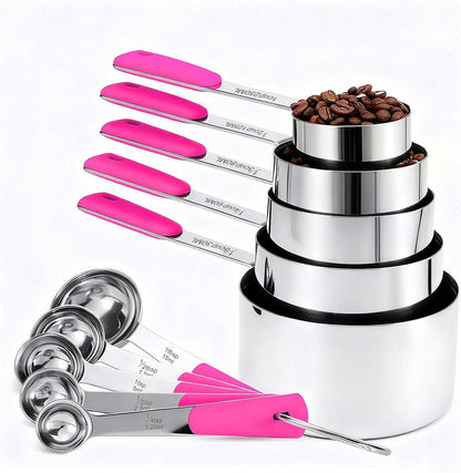 Bopei Measuring Cups and Spoons Set Stainless Steel 10 Piece for Cooking and Baking (5 Cups + 5 Spoons, Colorful Handles)