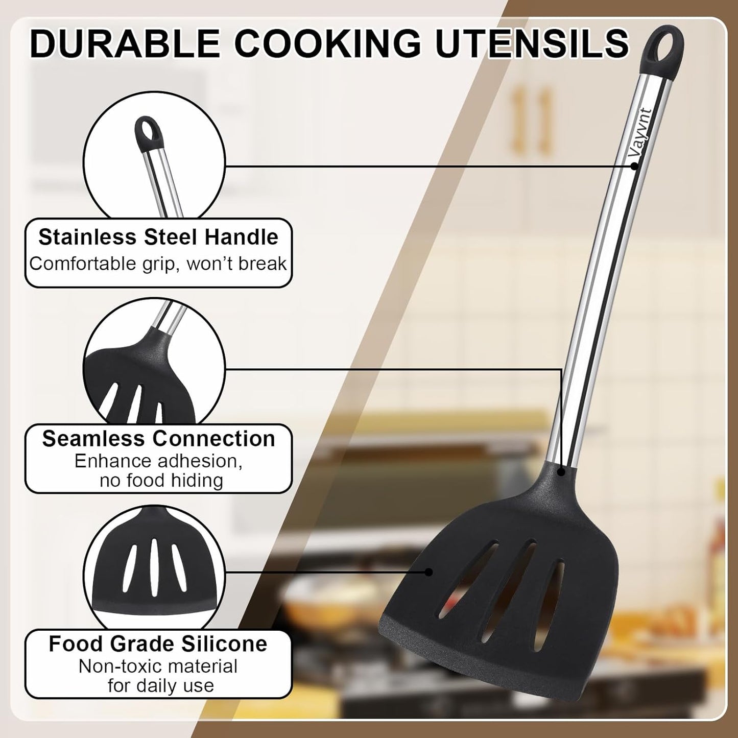 Vayvnt 4PCS Kitchen Utensils Set, Heat Resistant Silicone Utensils Set for Cooking, Non Scratch Spatula Spoons for Non Stick Pan, Large Kitchen Cooking Tools, Metal Long Handle&Dishwasher Safe, Blue