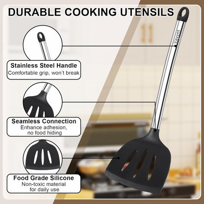 Vayvnt 4PCS Kitchen Utensils Set, Heat Resistant Silicone Utensils Set for Cooking, Non Scratch Spatula Spoons for Non Stick Pan, Large Kitchen Cooking Tools, Metal Long Handle&Dishwasher Safe, Blue