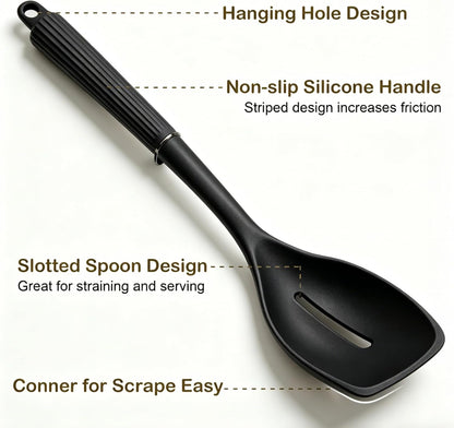 2 Pack Silicone Cooking Spoon Spatulas, Non Stick Large Rubber Spoon Set for Mixing, Serving, Draining, Scraping, 13Inch Heat Resistant Kitchen Utensils, Green+Grey