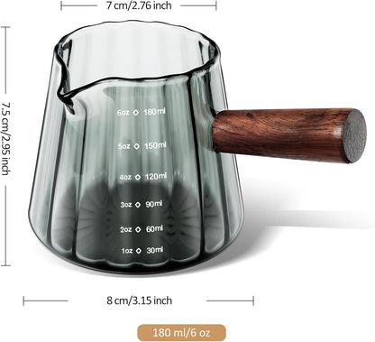 Joeyan 6 oz Glass Measuring Cups with Spout,Borosilicate Glass Triple Pitcher with Scale,Origami Style Espresso Shot Glasses with Wood Handle for Coffee Milk,Dishwasher Safe