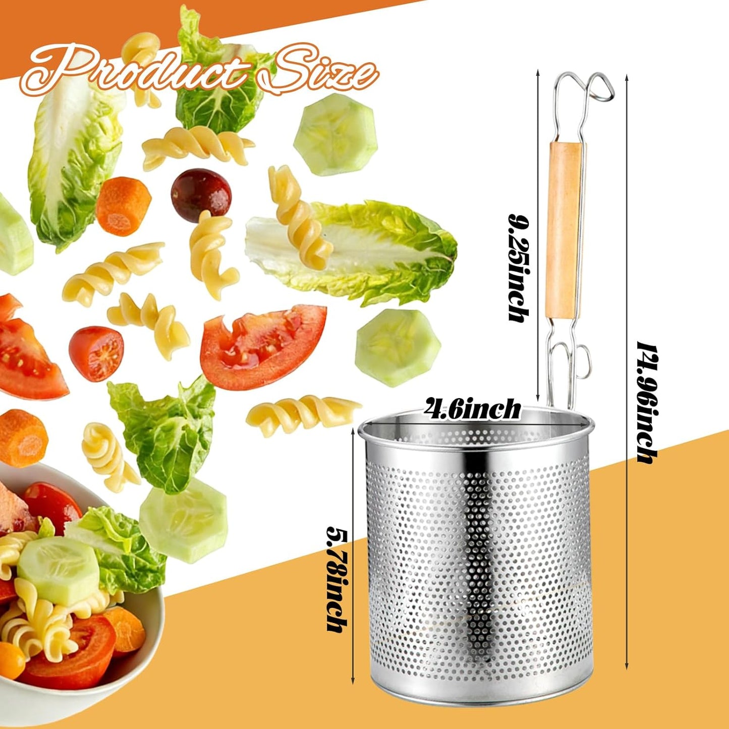 2 Pack Pasta Strainer with Handle Pasta Basket Spider Mesh Strainer Stainless Steel for Noodle, Boiling Food, Ramen, Spaghetti, Dumpling (4.6"D X 5.78"H)