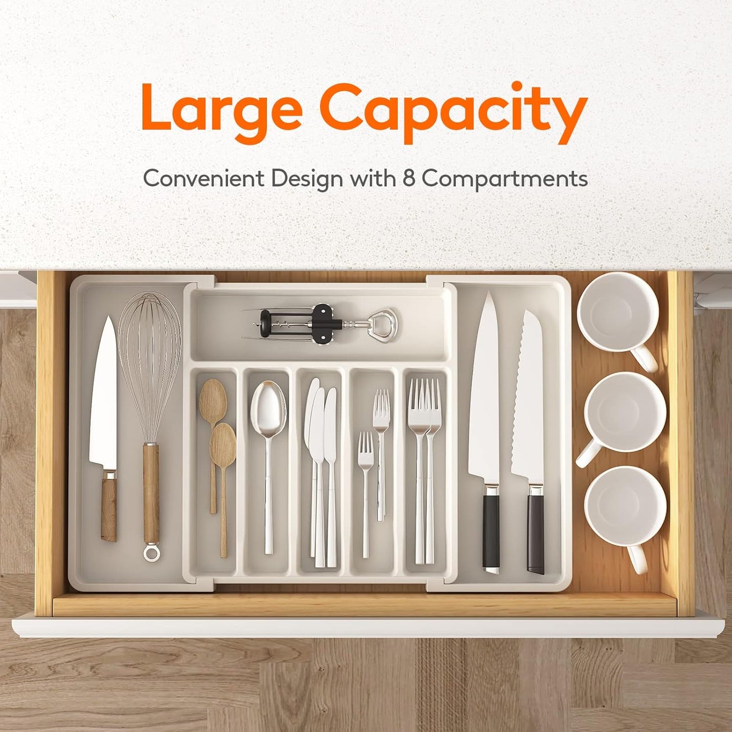 Lifewit Silverware Drawer Organizer, Expandable Utensil Tray for Kitchen, BPA Free Flatware and Cutlery Holder, Adjustable Plastic Storage for Spoons Forks Knives, 11-18 x 14", Black