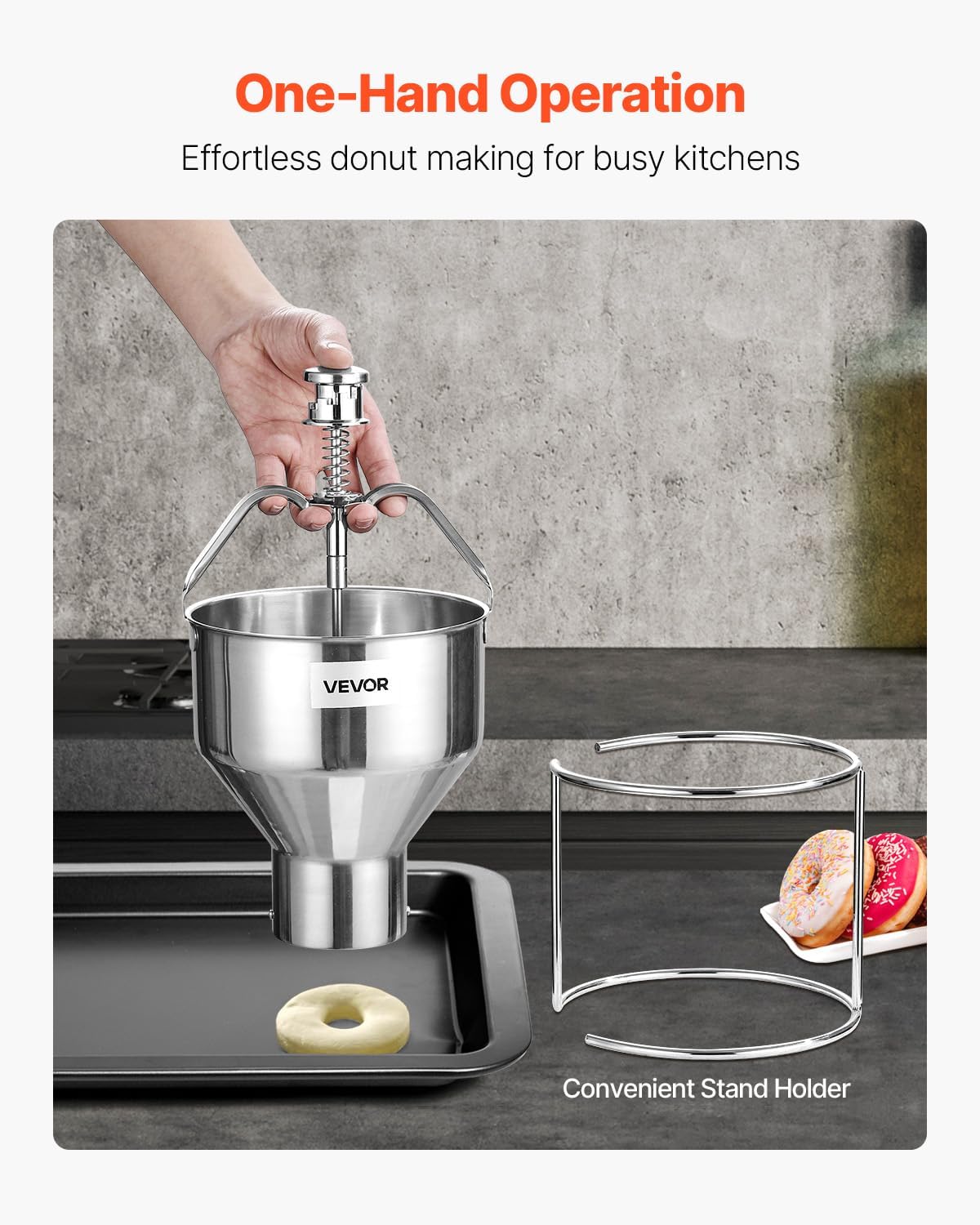 VEVOR Donut Depositor, Large Capacity Manual Donuts Dropper, 304 Stainless Steel Commercial Batter Dispenser, 6 Thicknesses Adjustment Doughnut Hopper with Stand, For Restaurant Cafe Bakery Kitchen