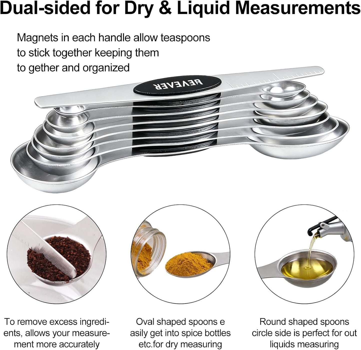 Magnetic Measuring Spoons Set of 8, Stainless Steel Double End Stackable Teaspoon for Cooking and Baking, Tablespoon with Leveler for Measuring Dry and Liquid Ingredients, Multicolor