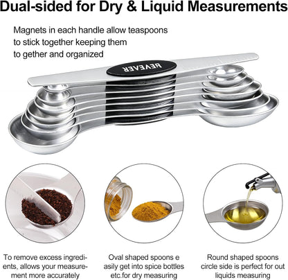Magnetic Measuring Spoons Set of 8, Stainless Steel Double End Stackable Teaspoon for Cooking and Baking, Tablespoon with Leveler for Measuring Dry and Liquid Ingredients, Multicolor