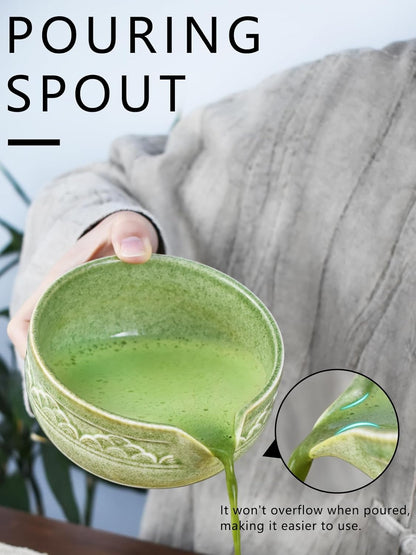 Artcome 4 Pcs Complete Matcha Ceremony Kit - Japanese Bowl With Pouring Spout, Whisk, Holder, Scoop - Tea Set for Making Usucha, Koicha and Latte (Green)