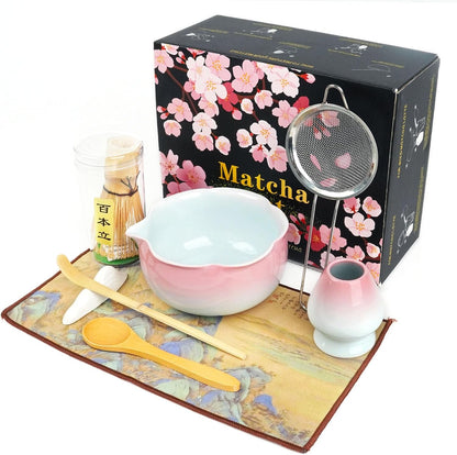 Mint Pink Matcha Whisk & Bowl Set, 8-Piece Complete Matcha Making Kit, Ceremonial Grade Starter Set with Elegant Floral Gift Packaging