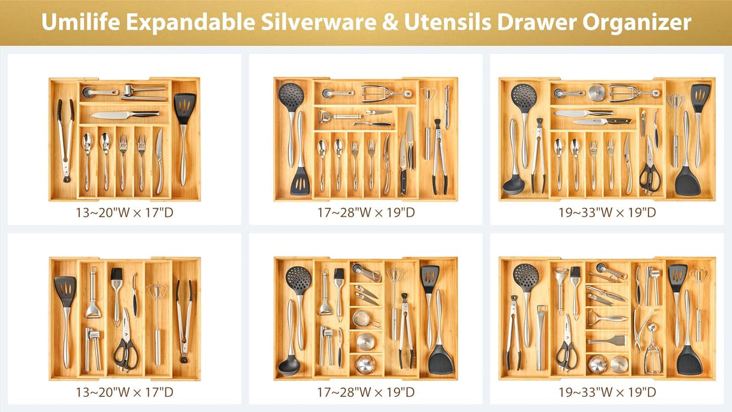 Umilife Large Expandable Kitchen Silverware Utensils Drawer Organizer, 2.5" Extra High Adjustable Drawer Divider with Curved Grooves, Bamboo Wood Cutlery Tray Flatware Holder