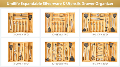 Umilife Large Expandable Kitchen Silverware Utensils Drawer Organizer, 2.5" Extra High Adjustable Drawer Divider with Curved Grooves, Bamboo Wood Cutlery Tray Flatware Holder