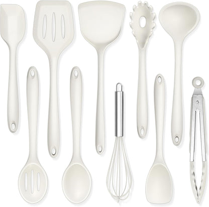 TeamFar Silicone Cooking Utensils, 10 pcs Kitchen Cooking Utensils Set, 446°F Heat Resistant Kitchen Gadgets Tools Set w/Spatula, Turners, Spoons, Soup Ladle, Pasta Server for Nonstick Cookware, Black