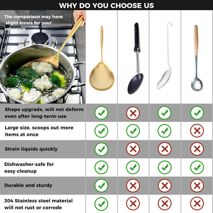 Snailhouse Slotted Skimmer Spoon, Stainless Steel Pasta Noodle Fryer Spider Strainer Scoop Ladle Spoon with Handle for Cooking Frying, Gold