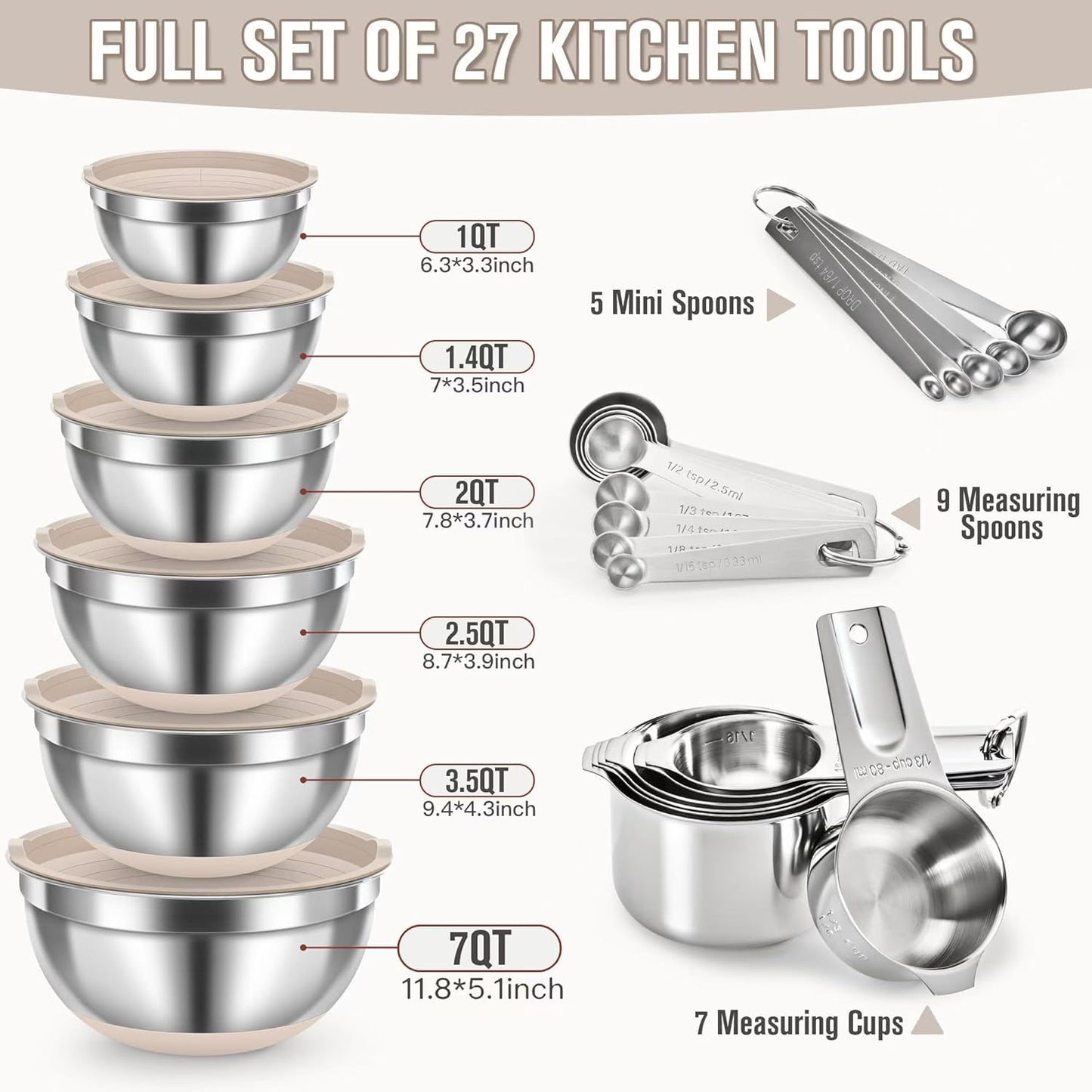 31PCS Mixing Bowls with Lids Set, 5.5QT to 0.6QT Stainless Steel Nesting Bowls with Graters, Large Khaki Bowls & 21 Measuring Cups and Spoons Set Kitchen Appliances for Mixing, Baking, Food Storage