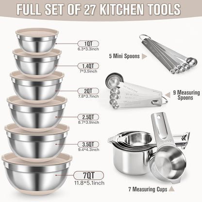 31PCS Mixing Bowls with Lids Set, 5.5QT to 0.6QT Stainless Steel Nesting Bowls with Graters, Large Khaki Bowls & 21 Measuring Cups and Spoons Set Kitchen Appliances for Mixing, Baking, Food Storage