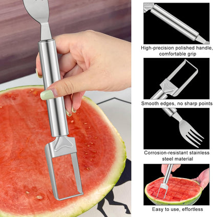 2-in-1 Watermelon Slicer & Fork – Stainless Steel Fruit Cutter Tool for Watermelon, Mango, Pitaya – Portable for Camping, Picnics, Home, Parties – Effortless Cubes & No Mess