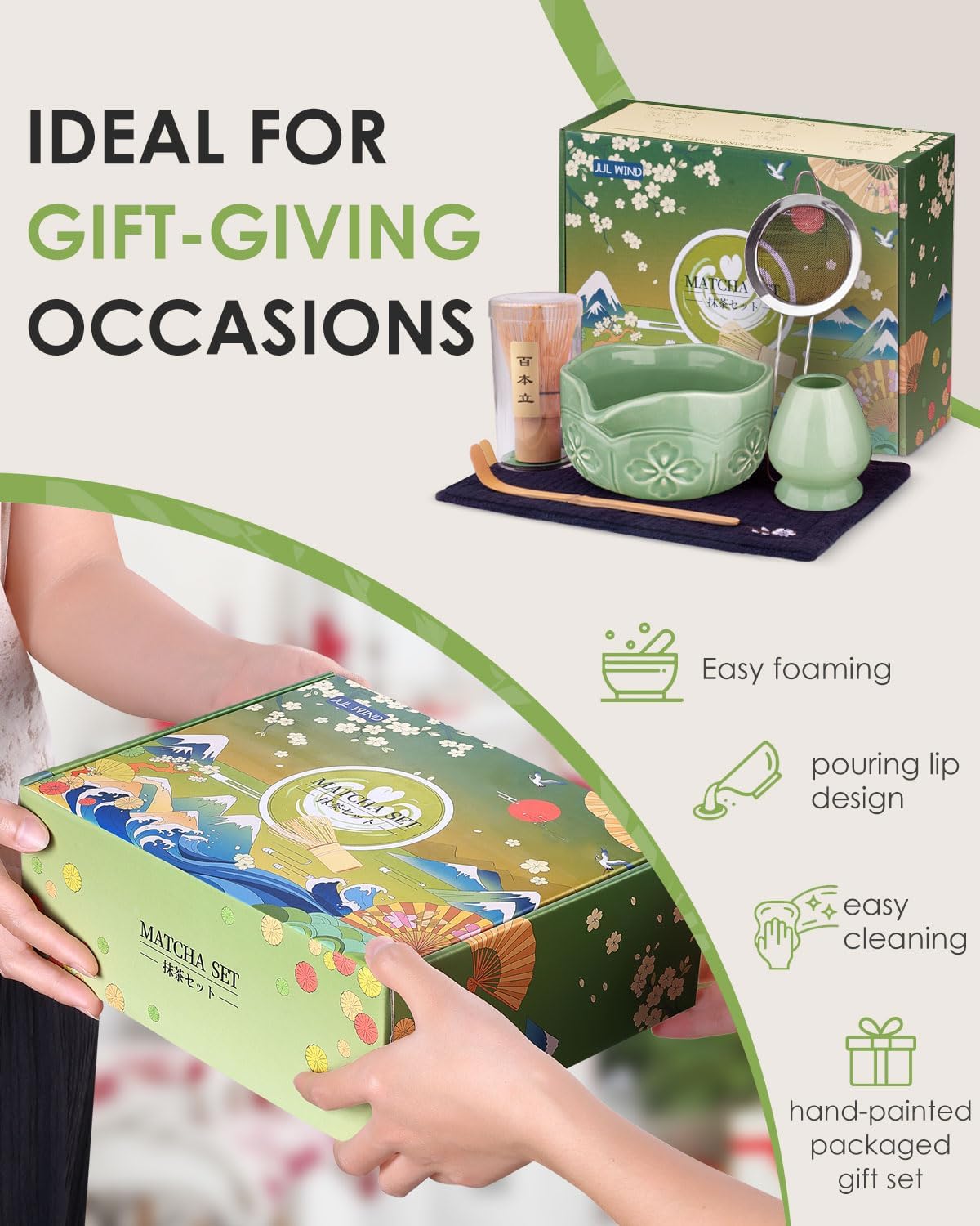 Matcha Whisk Set, Ceramic Matcha Set Includes Bowl with Spout, Whisk and Holder, Bamboo Scoop, Sifter and Tea Towel - 6 Pcs Matcha Kit Gift for Lovers Beginners (Pink)