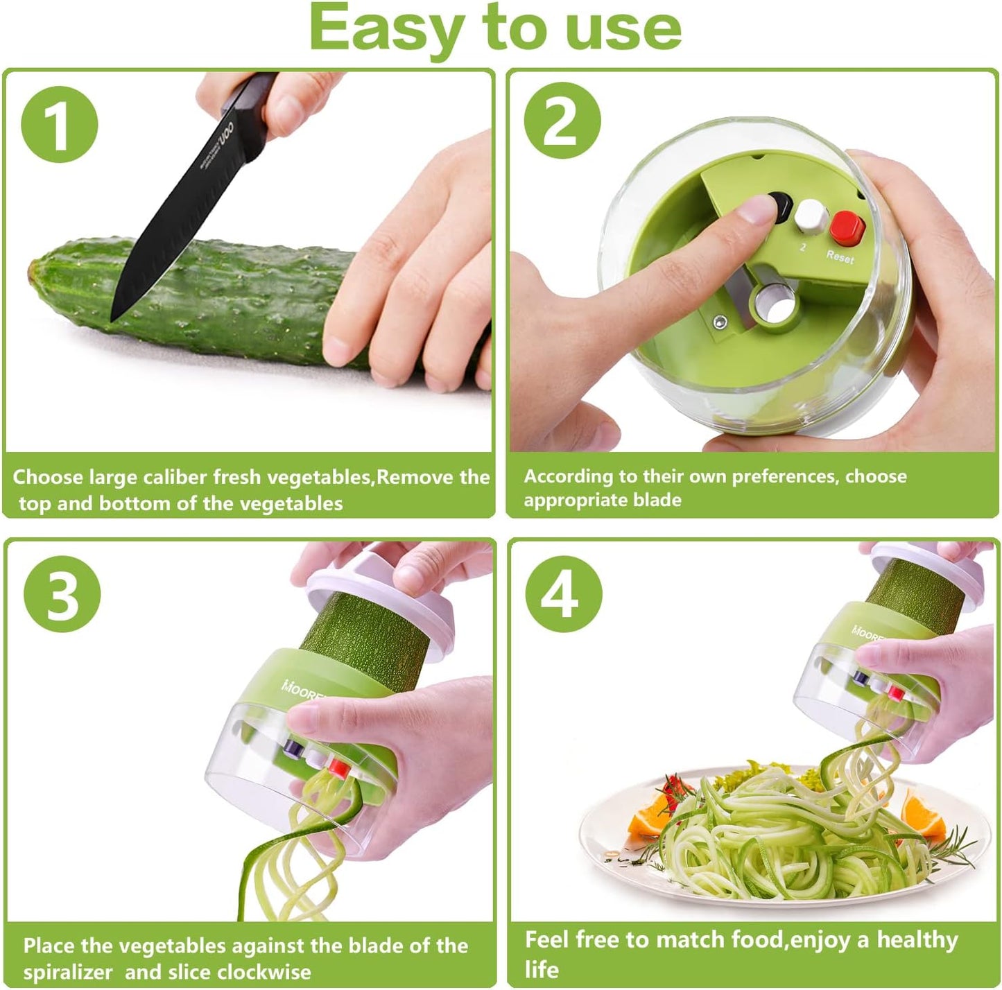 Spiralizer Handheld Vegetable Slicer, 4 in 1 Zucchini Spaghetti Maker, Spiral Slicer For Making Quick Low Carb Veggie Noodles 8.45cm