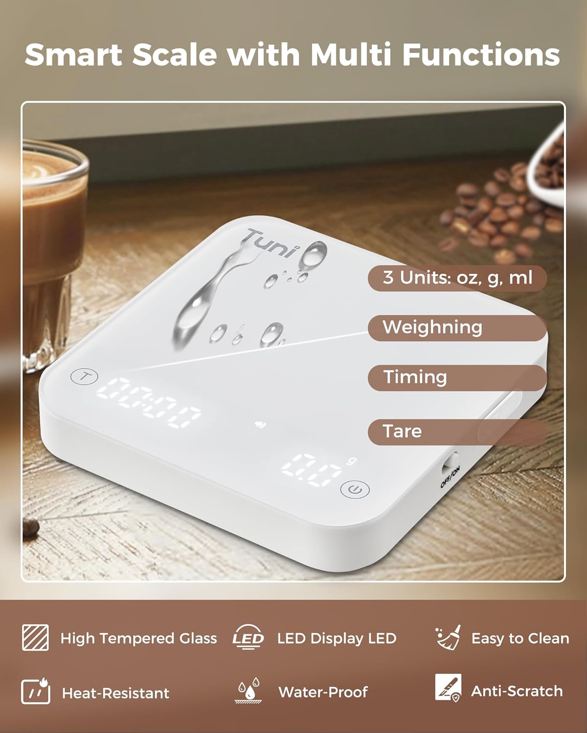 Tuni Rechargeable Mini Coffee Scale with Timer, 2kg/0.1g Accurate Espresso Scale for Espresso and Pour-Over Coffee, Portable Digital Kitchen Scale with Automatic Timing, White