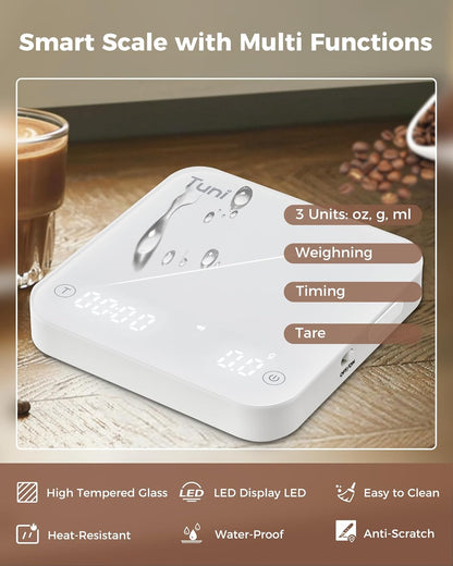 Tuni Rechargeable Mini Coffee Scale with Timer, 2kg/0.1g Accurate Espresso Scale for Espresso and Pour-Over Coffee, Portable Digital Kitchen Scale with Automatic Timing, White