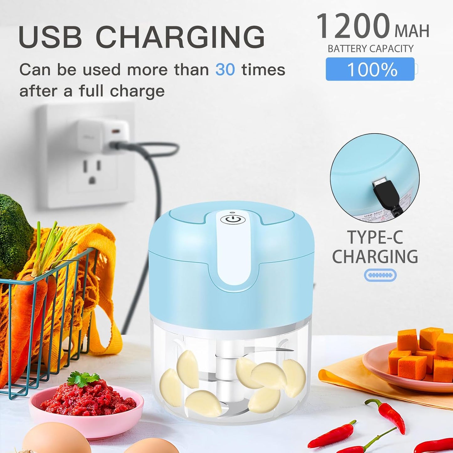 EASYSPEED Electric Garlic Chopper 1Cup, Mini USB Charging Wireless Food Processor with 304 Stainless Steel, 3 Sharp Blades, Portable Kitchen Meat Grinder for Onion, Garlic, Ginger, Chili