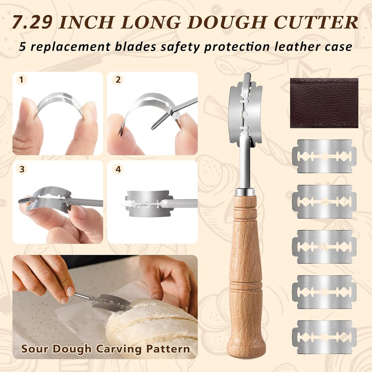 4 Pcs Sourdough Whisk Set Include Wooden Dough Whisk, Skinny Spurtle for Sourdough Starter, Doughs Scraper Cutter, Doughs Scoring Tool Blades, Danish Bread Making Tools Supplies