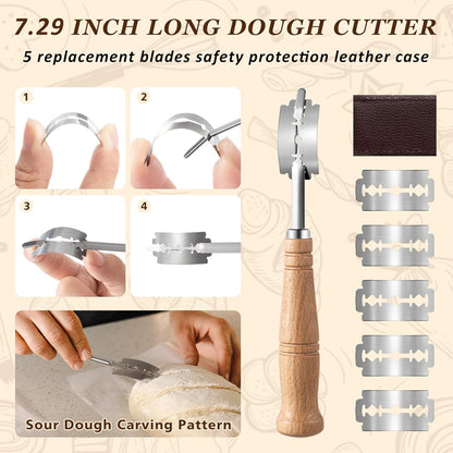 4 Pcs Sourdough Whisk Set Include Wooden Dough Whisk, Skinny Spurtle for Sourdough Starter, Doughs Scraper Cutter, Doughs Scoring Tool Blades, Danish Bread Making Tools Supplies