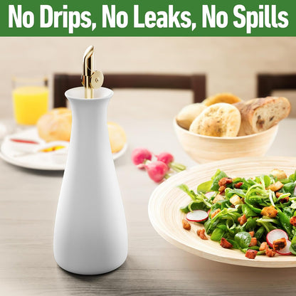 HB Design Co. Ceramic Olive Oil Dispenser with Self-Closing Gold Spout - 530 ML Capacity Matte White Ceramic Oil Dispenser for Kitchen - Leak Proof EVOO Dispensing Bottle