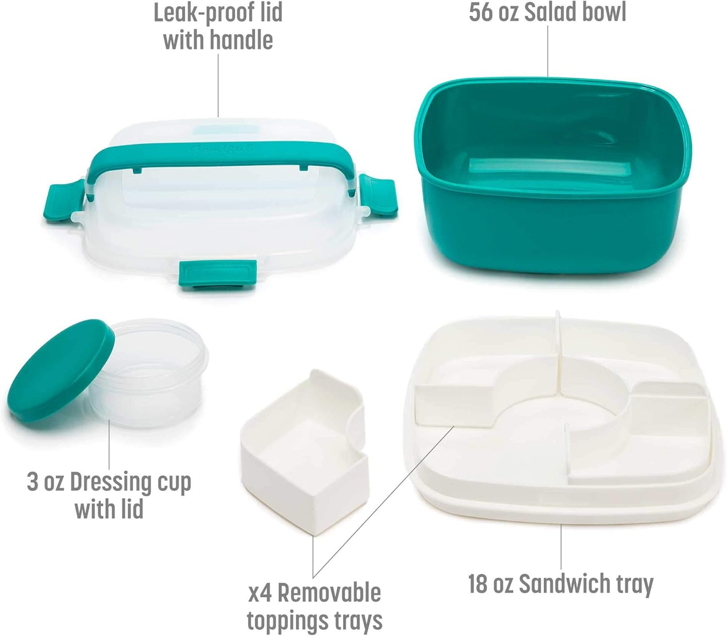 Goodful Stackable Lunch Box Container, Bento Style Food Storage with Removeable Compartments for Sandwich, Snacks, Toppings & Dressing, Leak-Proof and Made without BPA, 56-Ounce, Teal