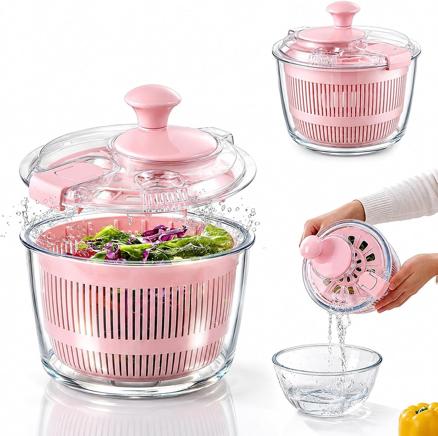 Good Grips 3.2 Qt Glass Salad Spinner Small Vegetable Dryer with Drain Microwave Safe Dishwasher Safe with Transparent Lid Crank Handle Quick Spin Greens Washer for Lettuce Herbs Fruits Pink