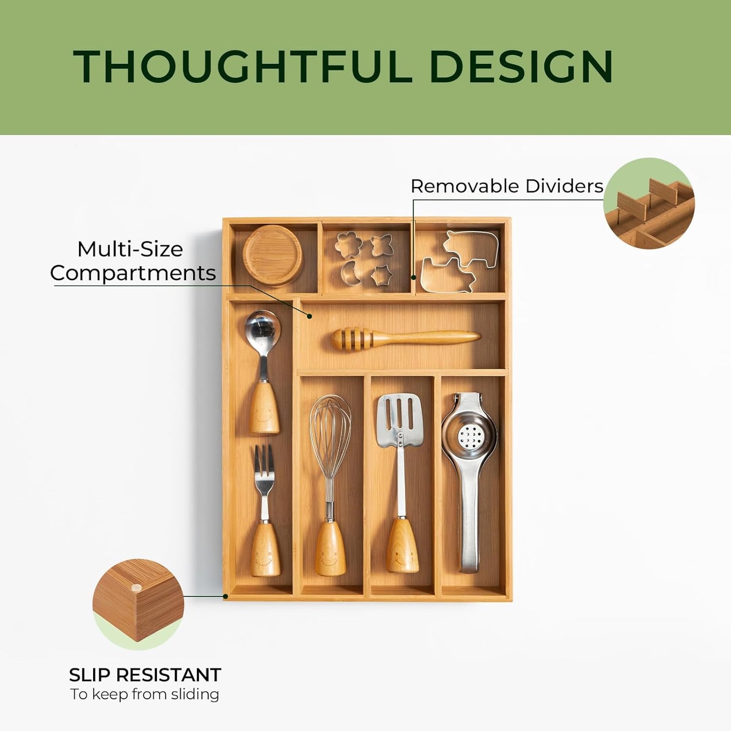 keechee Carbonized Bamboo Kitchen Drawer Organizer, 10 Slots Expandable Silverware Organizer, Utensil Holder & Cutlery Tray, 2.2" Deep for Extra Capacity, Non-Slip Feet Included