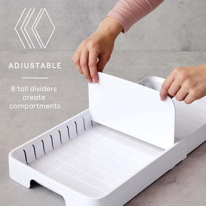 YouCopia StoraLid Food Container Lid Organizer for Kitchen Cabinet Storage with 5 Adjustable Dividers, 10.5''D × 13.4''W × 3.3''H, Large Classic Edition, White