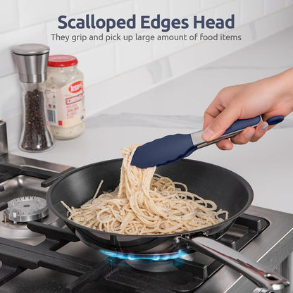 600ºF Heat Resistant Kitchen Tongs: U-Taste 9 inch Silicone Cooking Tong with Firm Sealed Non Stick Rubber Tips & Silicon Coated 18/8 Stainless Steel Handle & Smooth Locking for Serving Salad (Black)