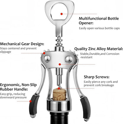 Wine Opener Zinc Alloy Premium Wing Corkscrew Multifunction Bottle Opener Ergonomic Non Slip Wing Handle Sharp Spiral Upgraded European Style