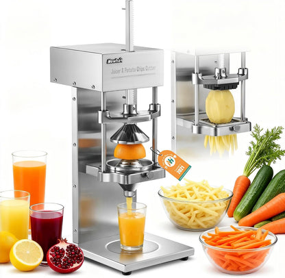 Newhai Electric 2 in 1 Commercial French Fry Cutter & Juicer, Heavy Duty Automatic Potato Cutter & Orange Lemon Juicer, 304 Stainless Steel with 3 Dicer Blade 110volt